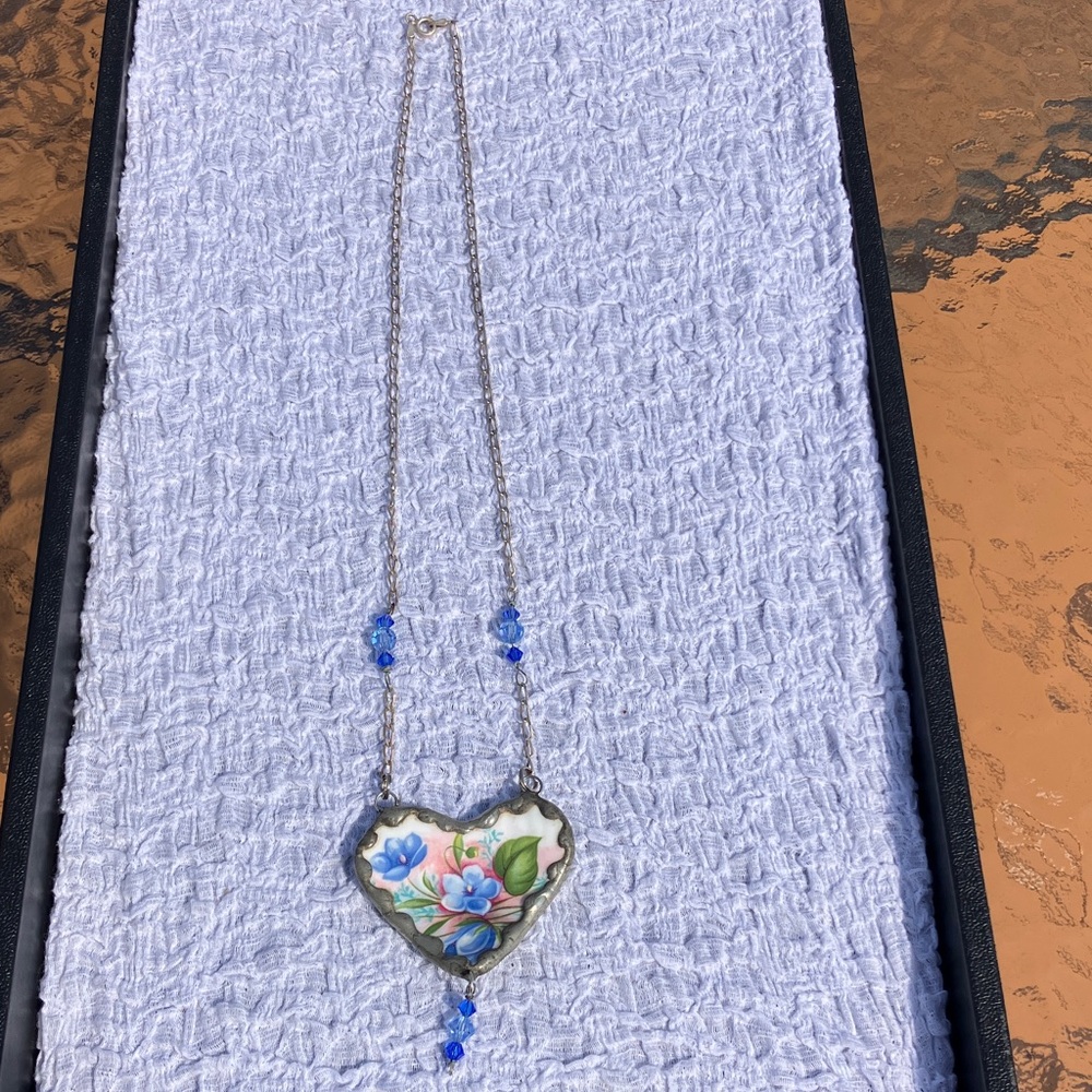 Vintage  broken China blue heart necklace 925 Sterling silver Italy stamped